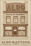 717321 Advertentie van ALRO-Verzekeringen, Vleutenseweg 3 te Utrecht, met een tekening van de pui van het kantoor.